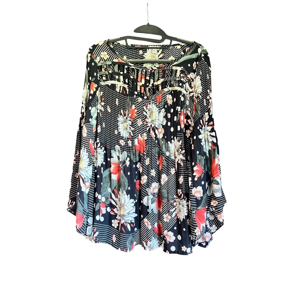 Spense Womens Floral Polka Dot Lattice Neck Bell Sleeve Blouse Black Large